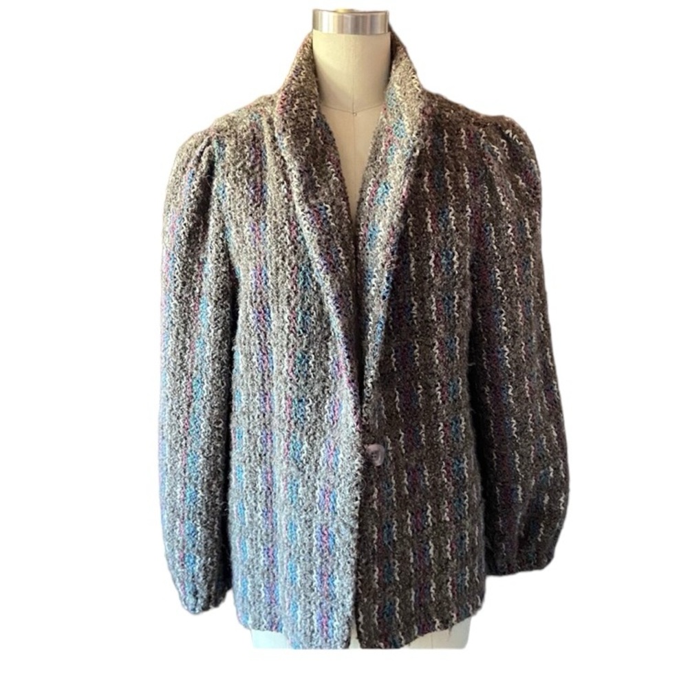 Vintage DK GOLD Rainbow Striped Knit Grey Puffy Shoulder Anoka Jacket Size 12